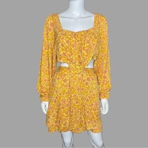 Free People‎ Jael Cutout Golden Yellow Motif Floral Long Sleeve Mini Dress